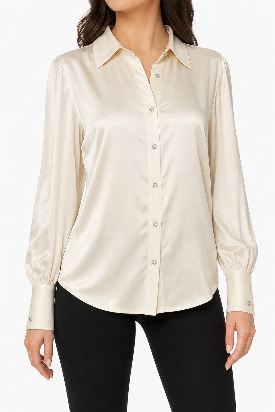 bebe Women's Cream Silk Spandex Rhinestone Button Long Sleeve Blouse Size M Glam